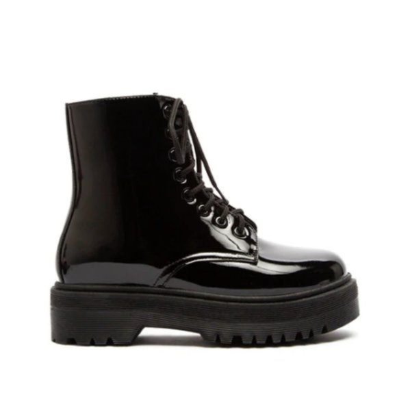 !! NEW !! Black Patent Vegan Leather Side Zip Combat Boots - Picture 2 of 9
